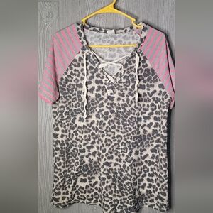 Sew in love boutique brand blouse cheetah with hot pink/gray stripes size medium